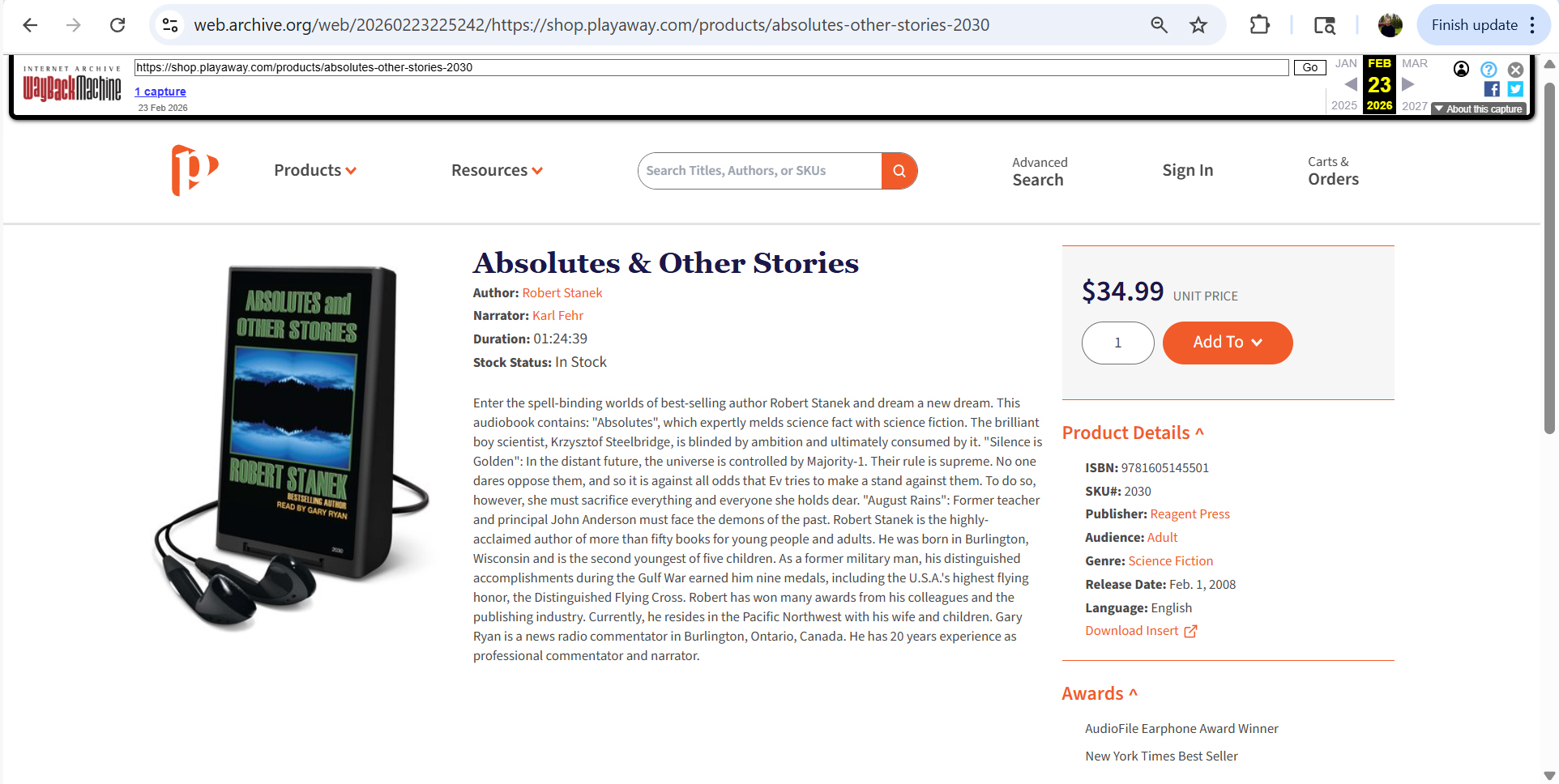 Screenshot of archived Playaway listing showing award and bestseller fields in product metadata
